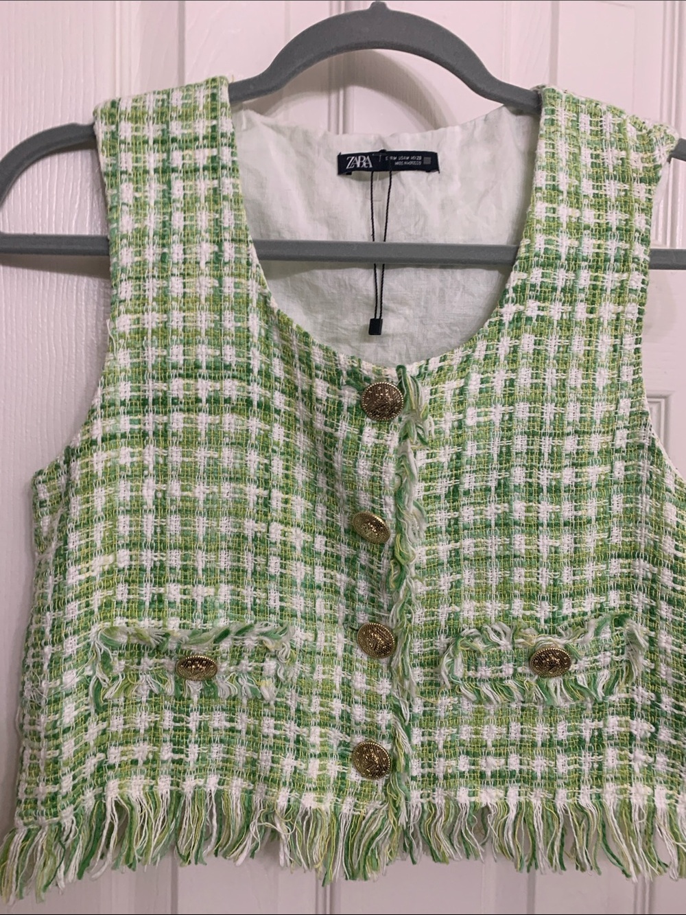 Zara Green and White Tweed Fringe Vest with Gold Buttons